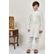 White Chikenkar Boys Kurta Shalwar Suit Set