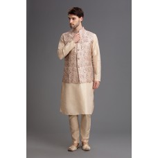 Cream Gold Jacket Kurta Pajama Wedding Suit For Men