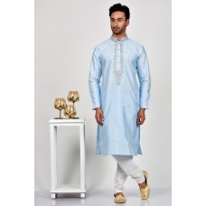 Sky Blue Embroidered Pakistani Mens Kurta White Pajama