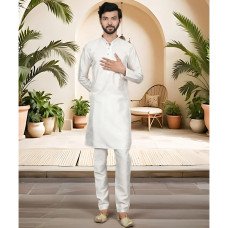 White Silk Straight Cut Men's Kurta Pajama