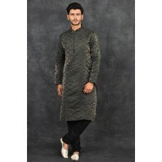 Black Self Fabric Kurta Pajama Indian Men's Wedding Suit