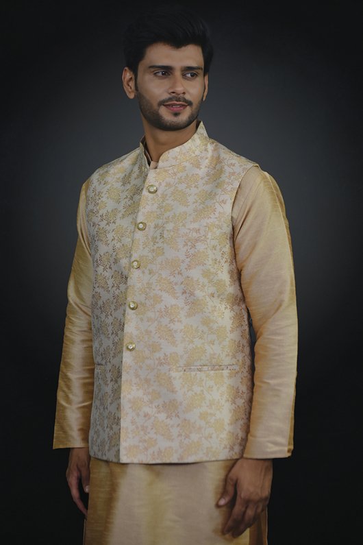 Gold Kurta Pajama Indian Menswear Wedding Waistcoat Suit Set