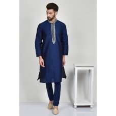 Navy Blue Embroidered Long Kurta For Men