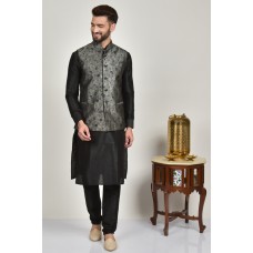 Grey Black Mens Kurta Pajama Waistcoat Set