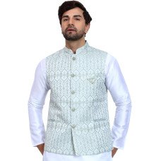 Light Green Jamawar Textured Waistcoat for Men