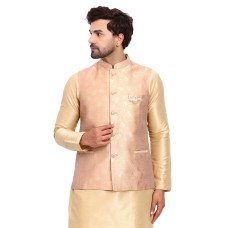 Peach Gold Brocade Textured Western Style Men's Waistcoat 