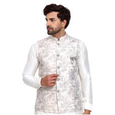 White & Pink Floral Embroidered Nehru Waistcoat Jacket